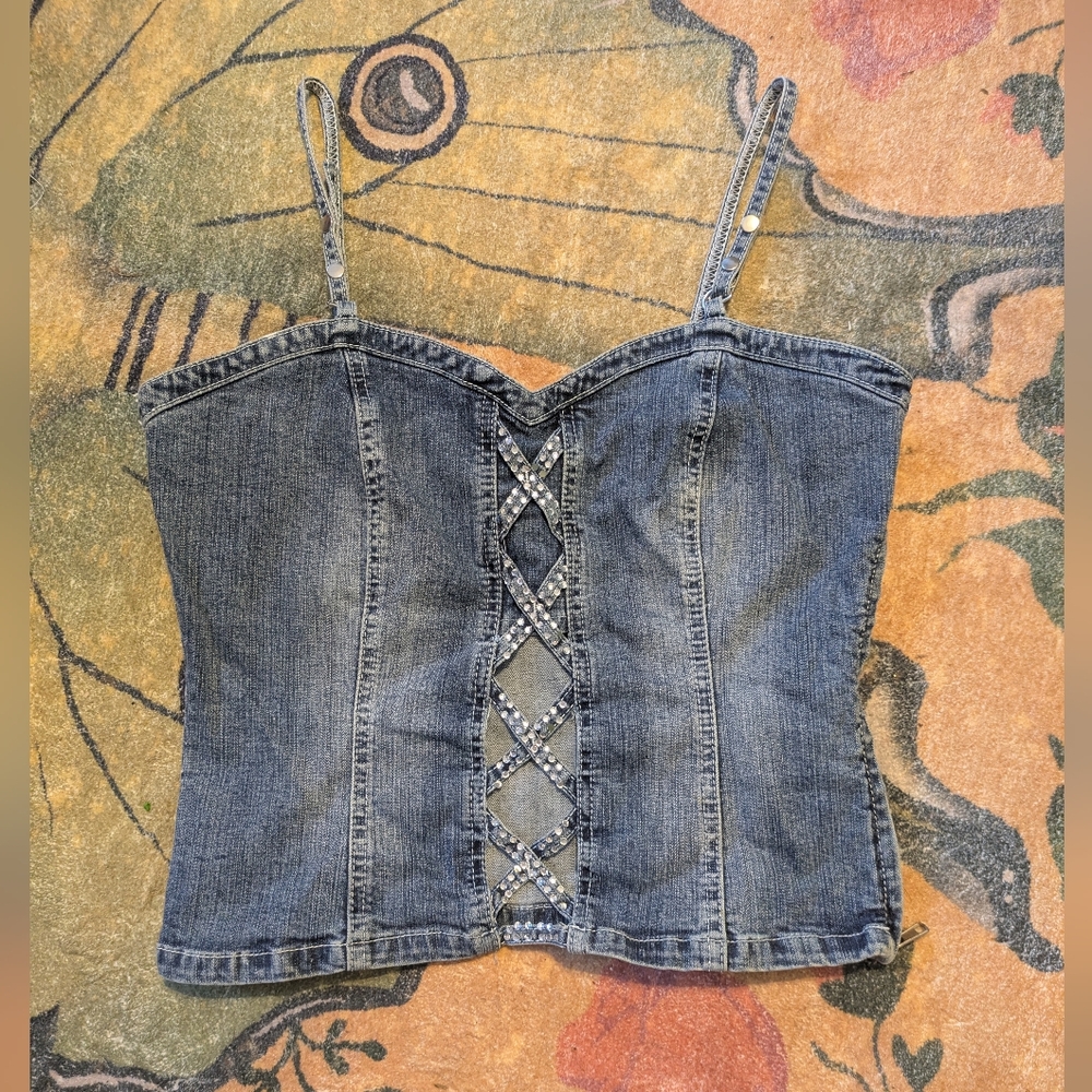 Rhinestone Denim Open Front Corset